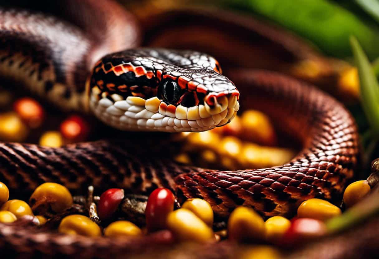 An image portraying a close-up of a hand with a red mark, surrounded by a corn snake's vibrant scales