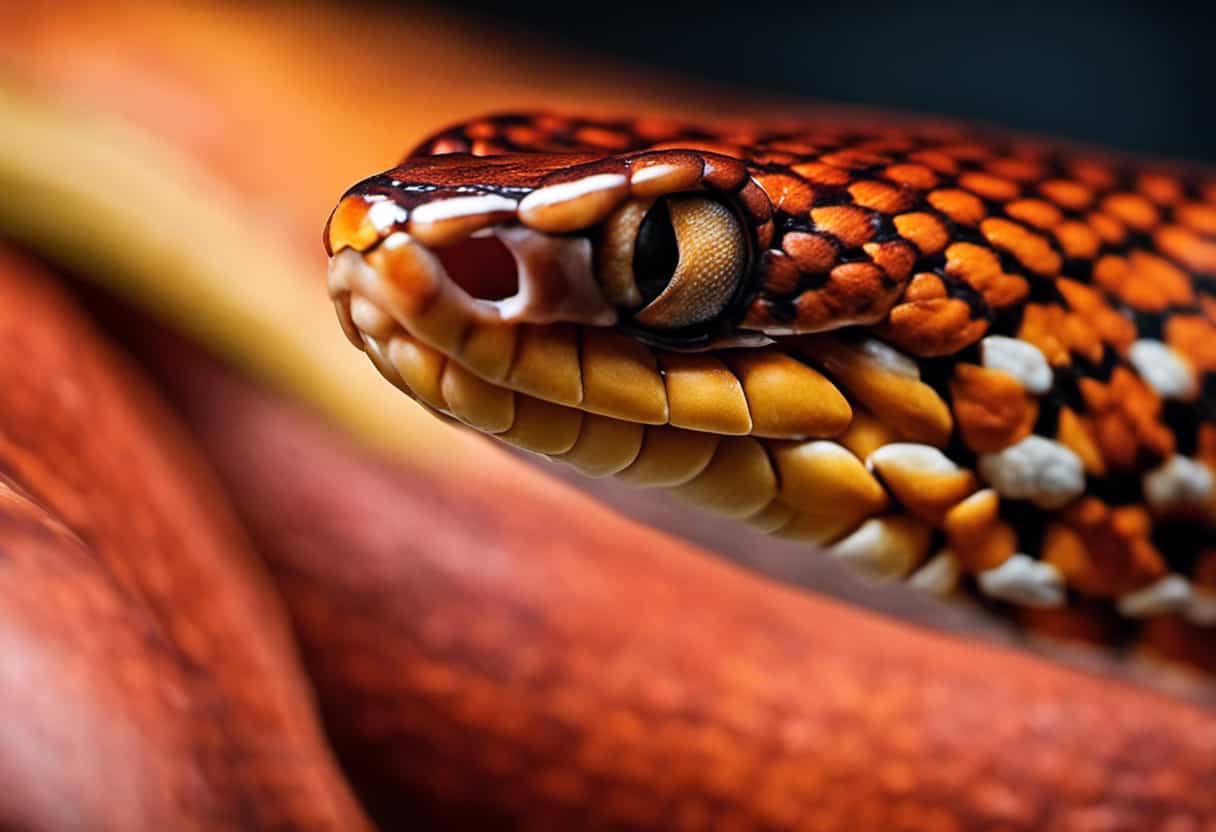 An image showcasing a close-up view of a corn snake's menacing teeth, capturing their curved shape, sharpness, and distinct pattern