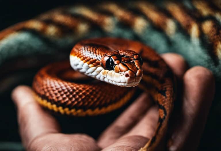 An image featuring a close-up of a corn snake coiled around a gloved hand, its mouth slightly open, showcasing its sharp teeth, while the handler's calm expression reflects their confidence in handling these docile reptiles