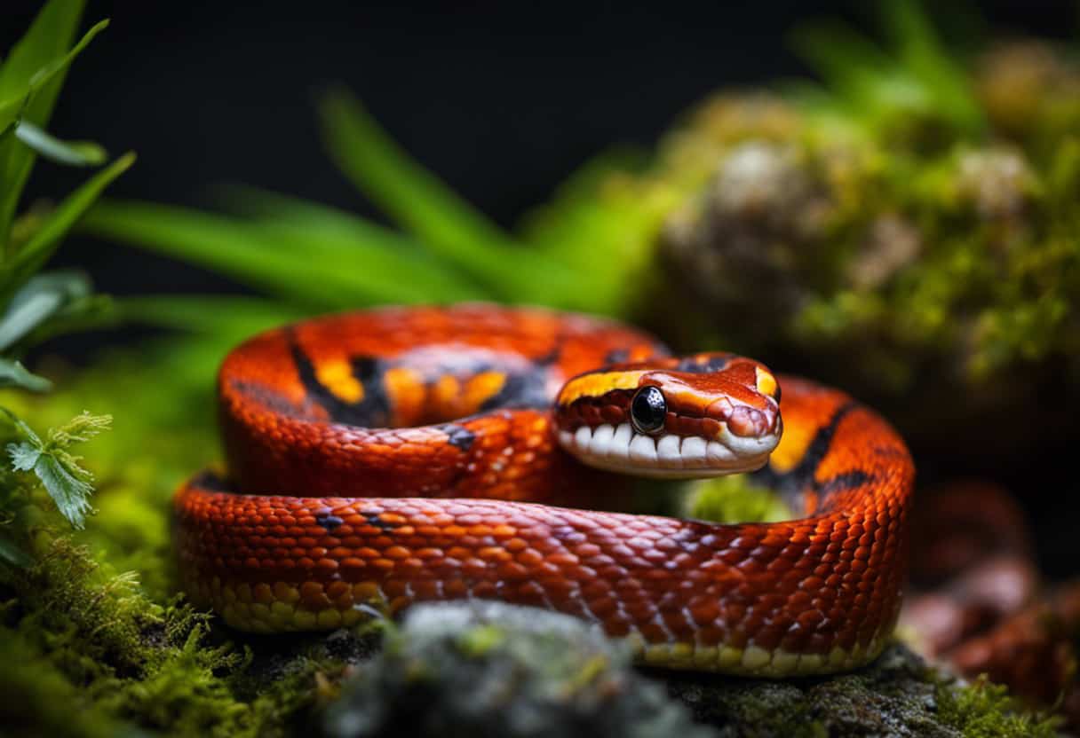 An image showcasing a vibrant corn snake coiled around a moss-covered rock, its tongue flicking out to capture a tiny, colorful frog leaping in mid-air