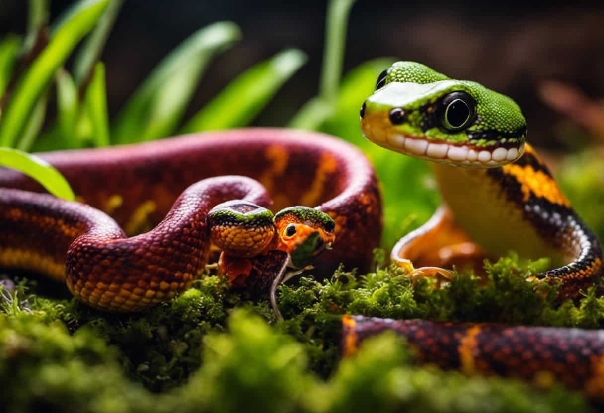 An image depicting a vibrant, lush terrarium with a tiny, newly hatched corn snake curiously eyeing a plump, colorful frog