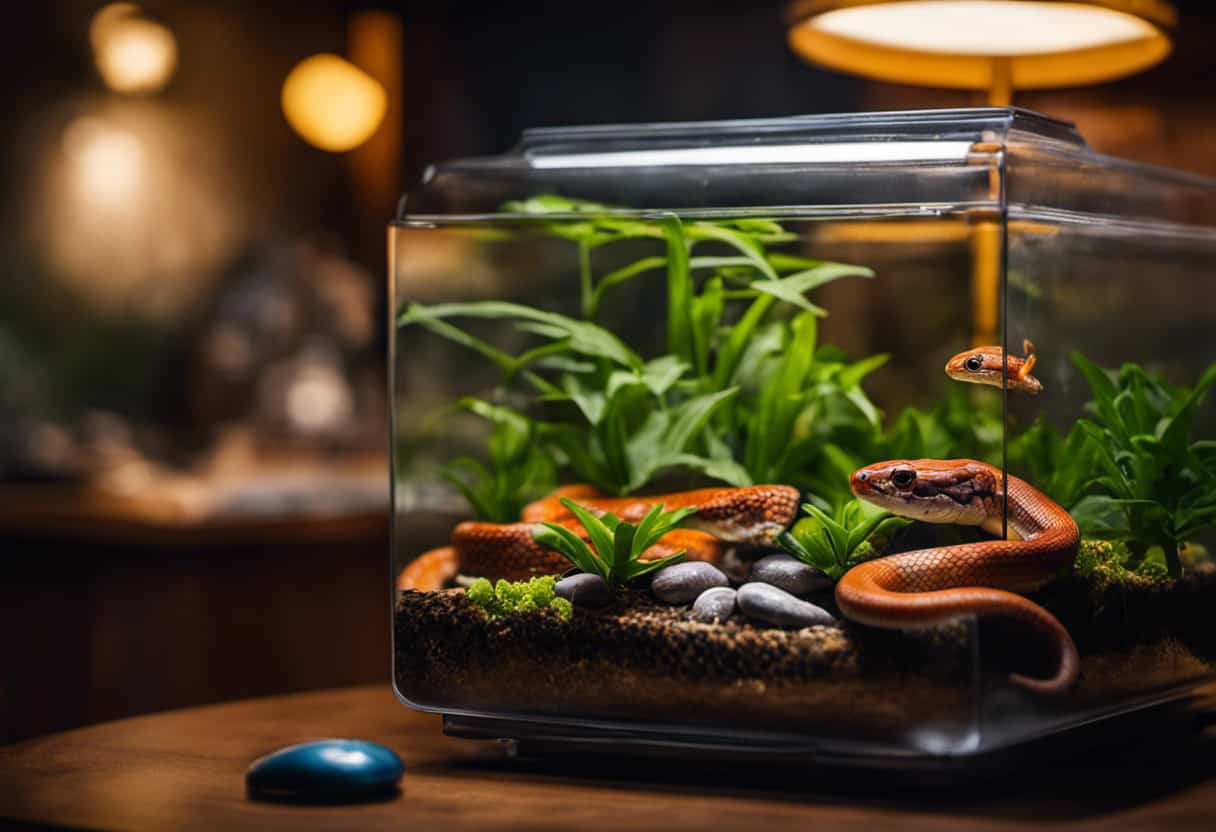 An image showcasing a corn snake's vivarium with a secure lid, a bowl of fresh water, and labeled containers of appropriate-sized frozen mice, emphasizing the importance of providing a safe and balanced diet for these snakes