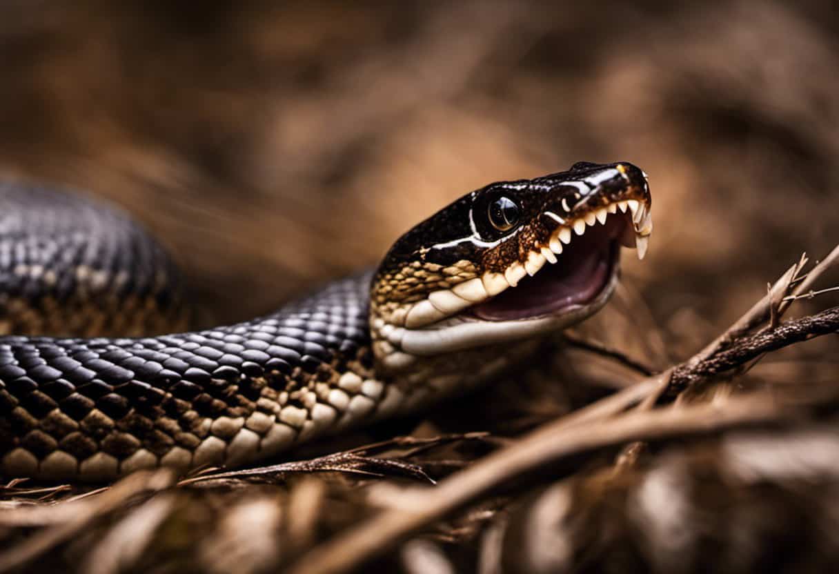 An image that captures the intricacies of a cottonmouth snake's fangs; focus on the long, curved, venomous fangs with distinct grooves, revealing their deadly nature