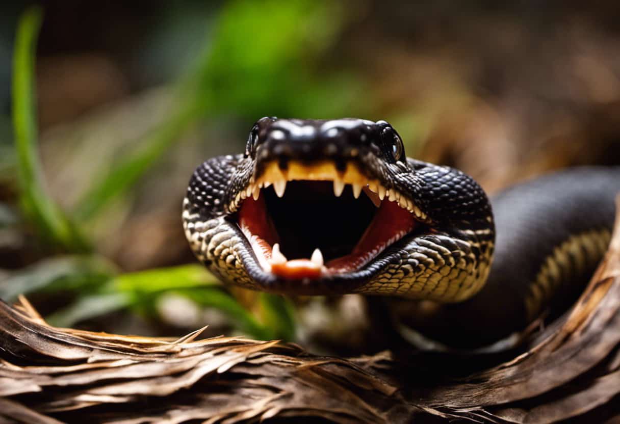 An image showcasing the intricate details of a cottonmouth snake's fangs: razor-sharp, curved, venom-filled hollow fangs, poised to strike, nestled amidst the sinister coils of its mouth, capturing the essence of its powerful predatory nature