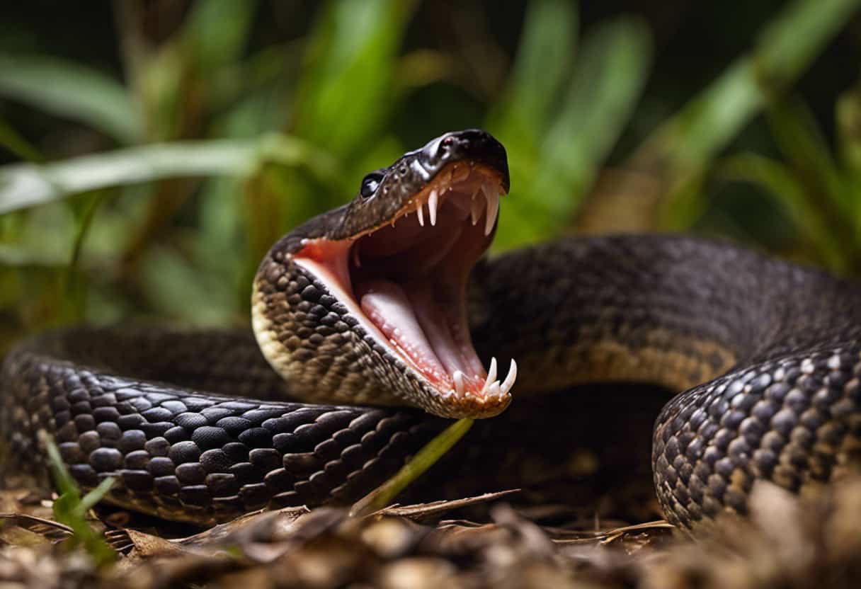An image that depicts a close-up view of a cottonmouth snake's open mouth, showcasing its venomous fangs prominently