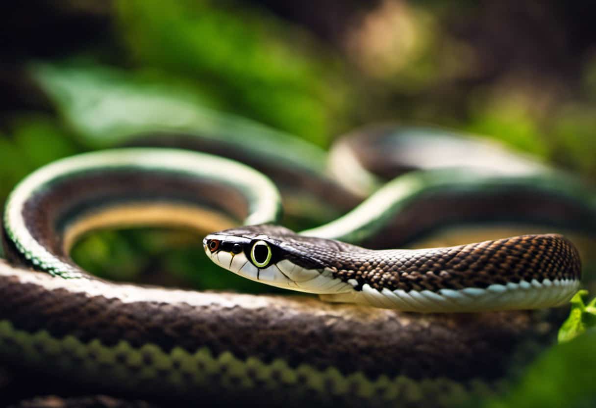 An image capturing the tense moment when an Eastern Ribbon Snake, with its slender body coiled, evaluates the potential threat around, its eyes fixed, before deciding to strike or retreat