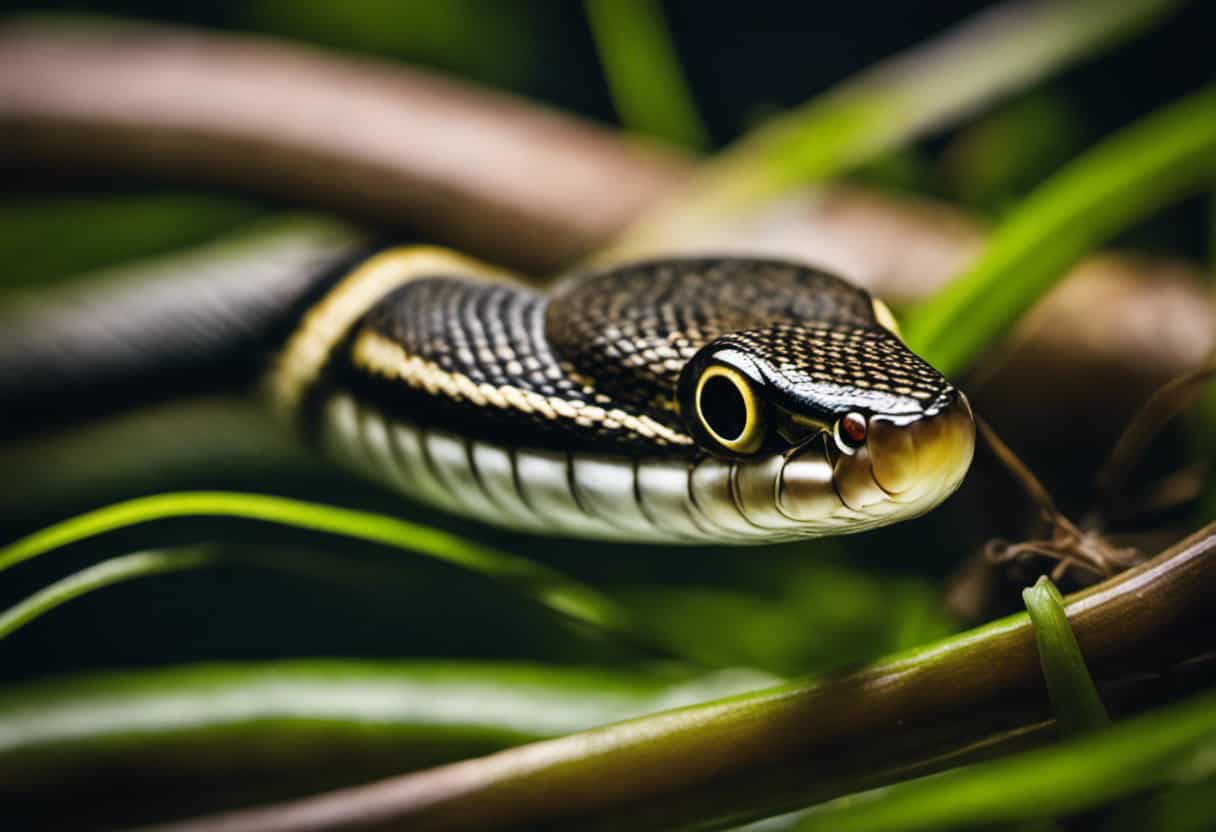 An image showcasing an Eastern Ribbon Snake coiled around a small fish, its slender body gliding effortlessly through aquatic vegetation