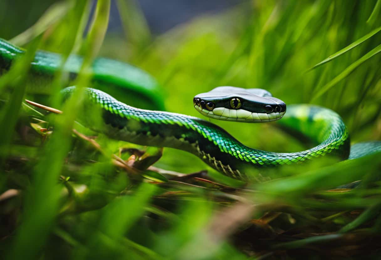 An image capturing the intimate moment of two Eastern Ribbon Snakes entwined in a graceful courtship dance, their sleek bodies intertwined amidst vibrant green reeds, showcasing the beauty and complexity of their reproductive rituals