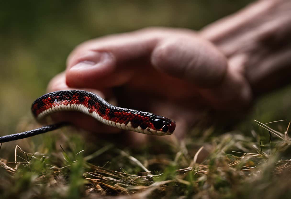An image showing a close-up of a hand with a red, swollen, and punctured bite mark from a garter snake