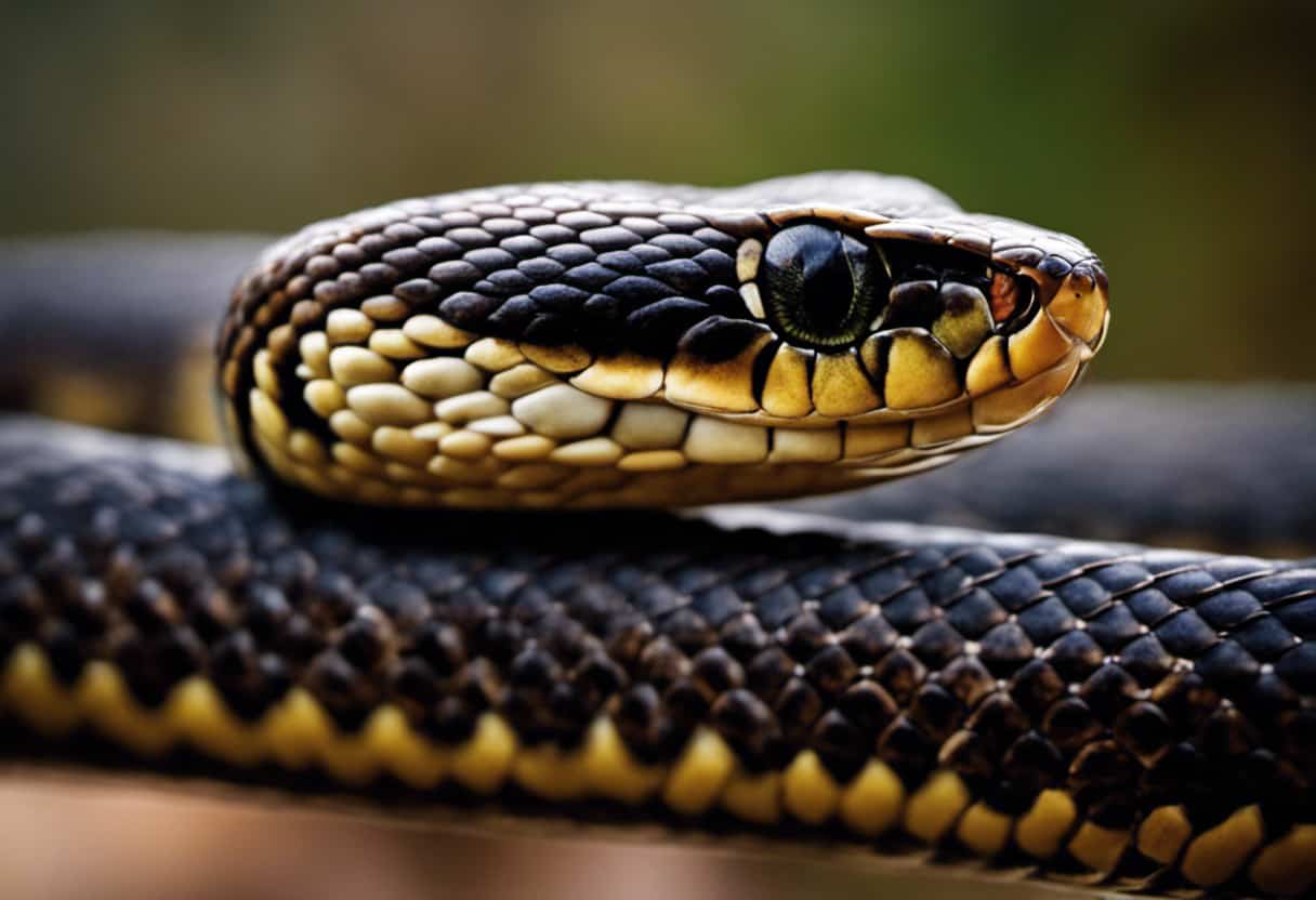 An image showcasing the intricate details of a garter snake's fangs poised above human skin, capturing the tension and anticipation of a potential bite, inviting readers to delve into the fascinating world of garter snake venom