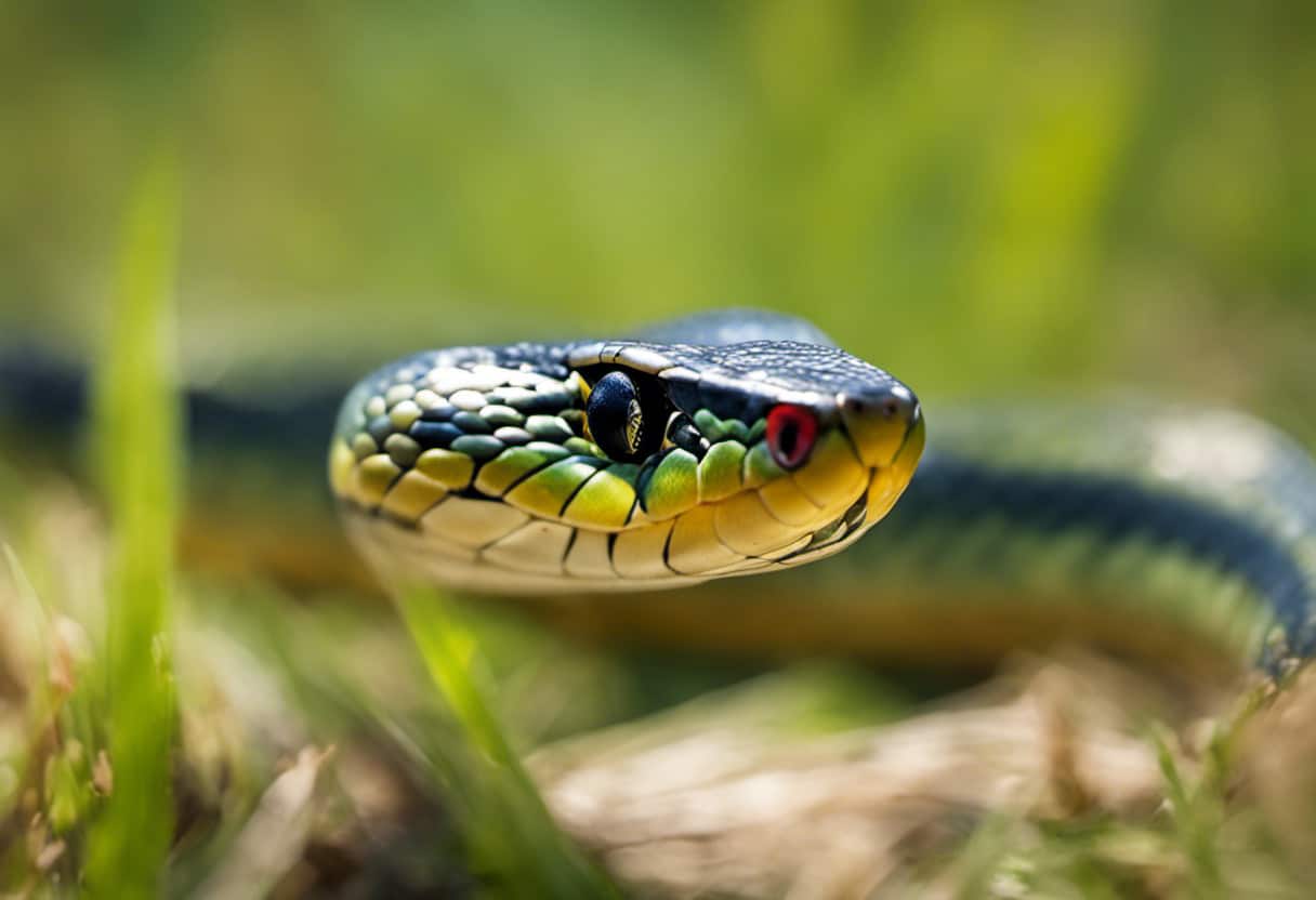 An image showcasing a garter snake coiled amidst a lush, sun-dappled meadow, with a vivid depiction of a small, colorful bird perched nearby, capturing the intriguing dynamics of garter snakes' habitat and diet