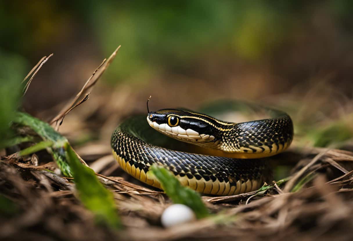 An image depicting a garter snake slithering near a bird nest, with broken eggshells scattered around