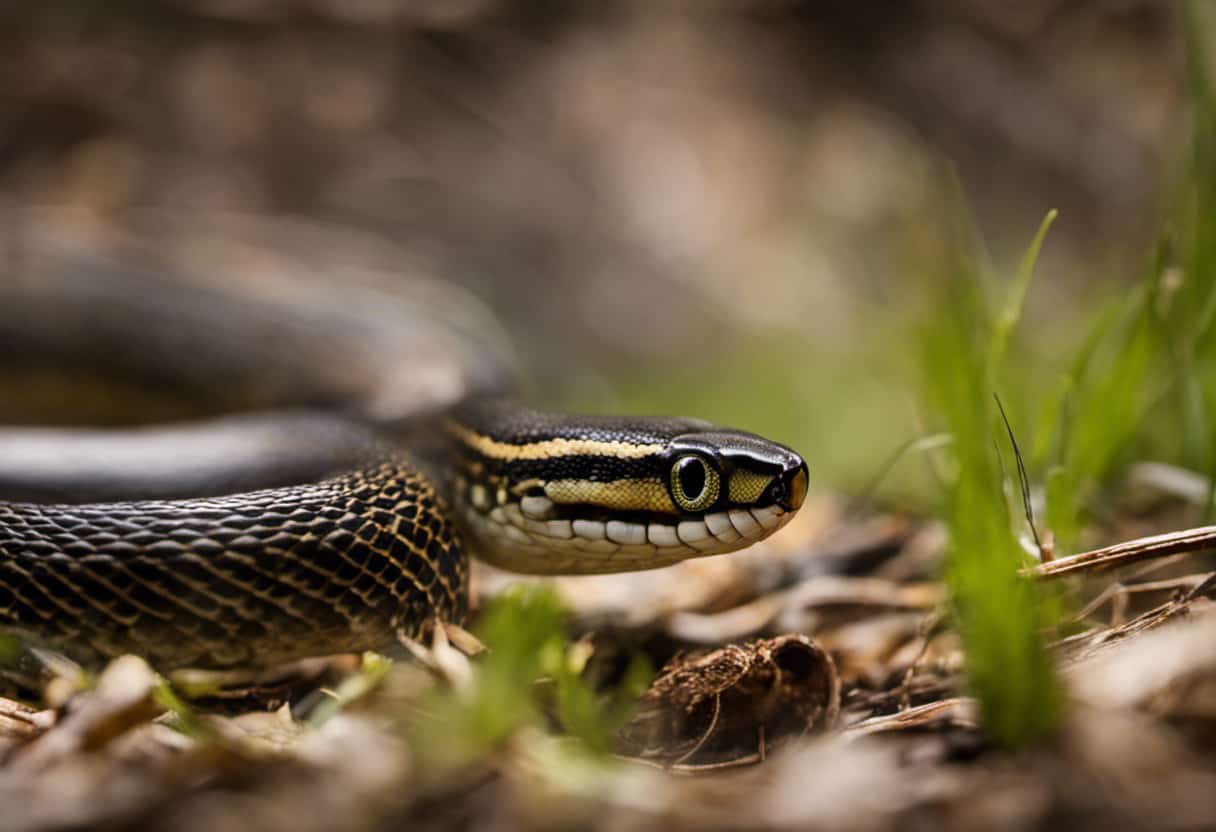 An image capturing the intense moment when a garter snake stealthily slithers towards a nest, as a mother bird valiantly defends her hatchlings, highlighting the pivotal role of garter snakes in shaping bird populations