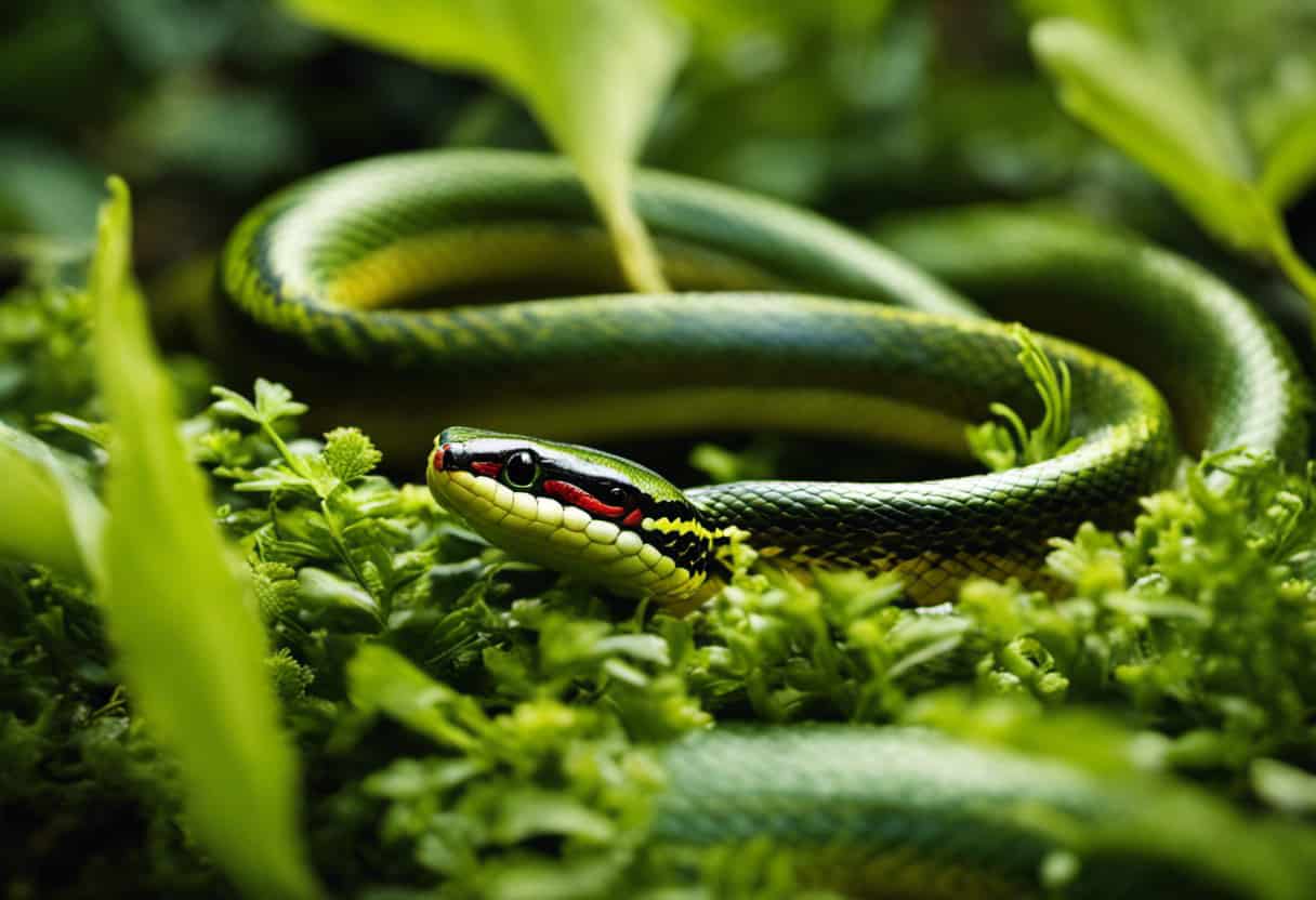 An image showcasing a vibrant garter snake gracefully coiled amidst lush greenery, subtly capturing the snake's long, slender body and captivating pattern, while a small, unsuspecting bird perches nearby, evoking curiosity about the snake's non-venomous predatory behavior