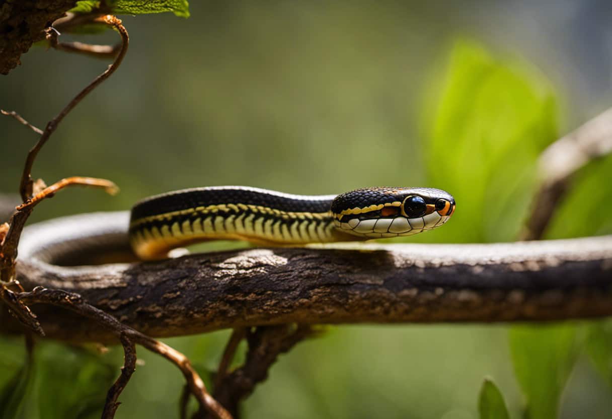 An image capturing the moment a vibrant garter snake gracefully coils its slender body around a sturdy tree branch, its fixed gaze locked on a tiny bird perched above, showcasing the surprising truth of garter snakes climbing trees and bushes