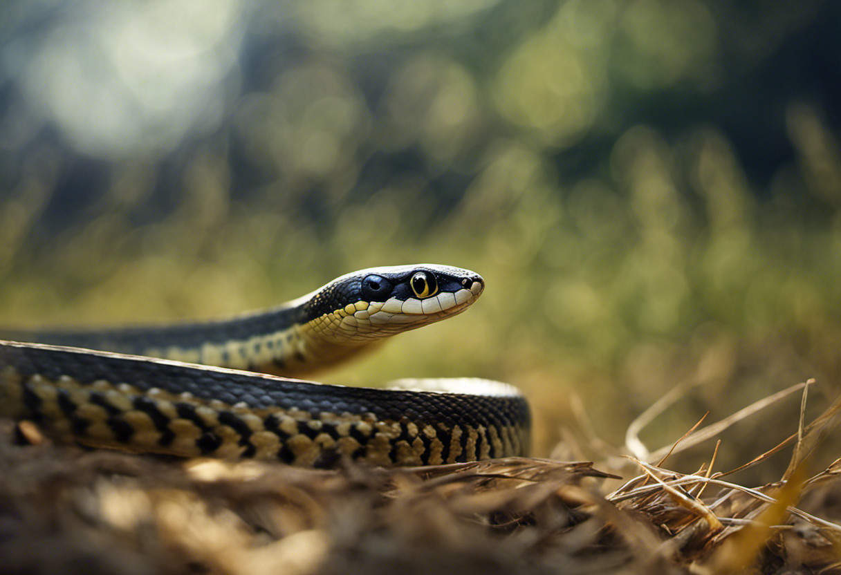 An image capturing the vulnerability of ground-nesting bird species, depicting a garter snake slithering stealthily towards a nest, its forked tongue flicking, while a bird desperately flutters nearby