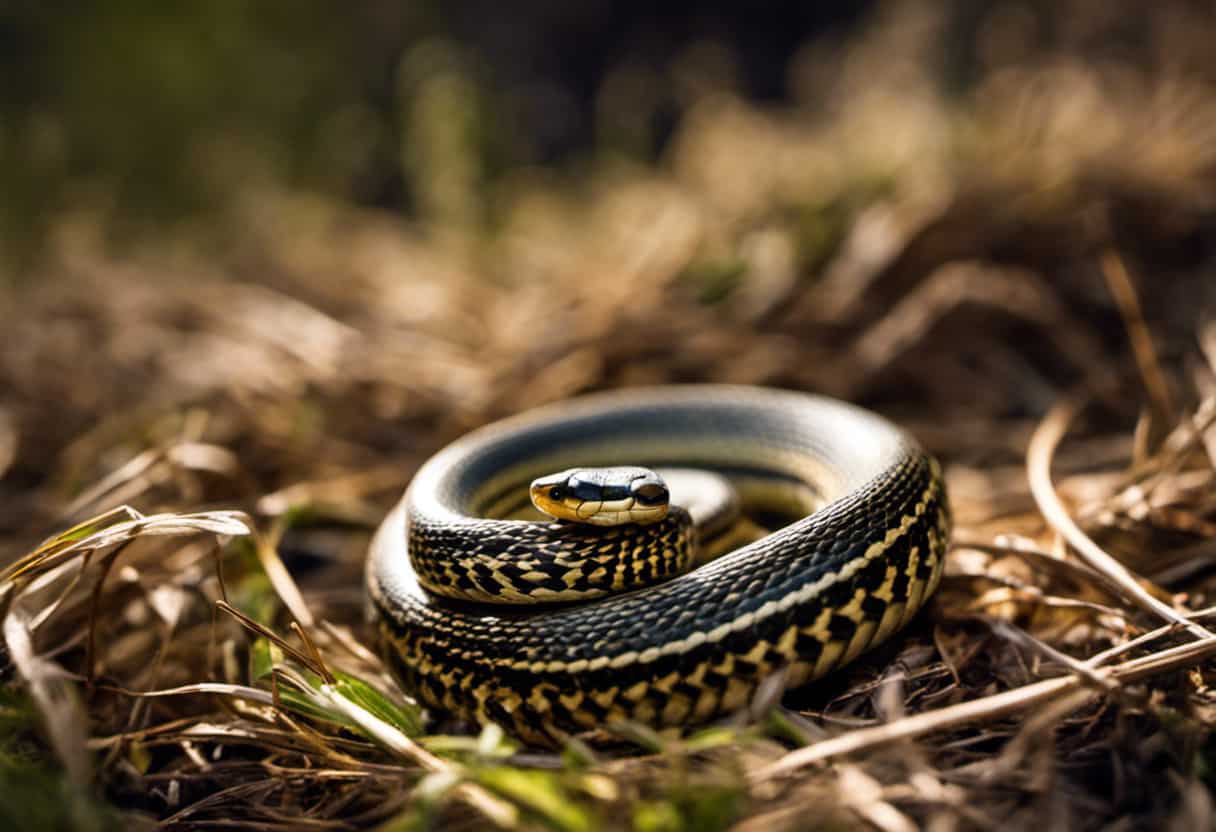 An image of a garter snake coiled near a nest, showcasing the intricate patterns on its scales, while a cracked bird egg lies nearby, emphasizing the nutritional significance of bird eggs for garter snakes