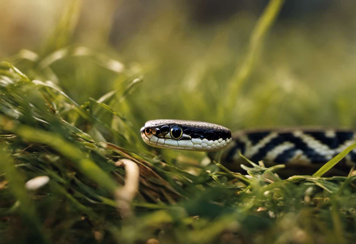 An image showcasing a garter snake slithering through a dense grassy field towards a tree, where a nest with bird eggs is perched on a low branch, emphasizing the snake's focused gaze on the eggs