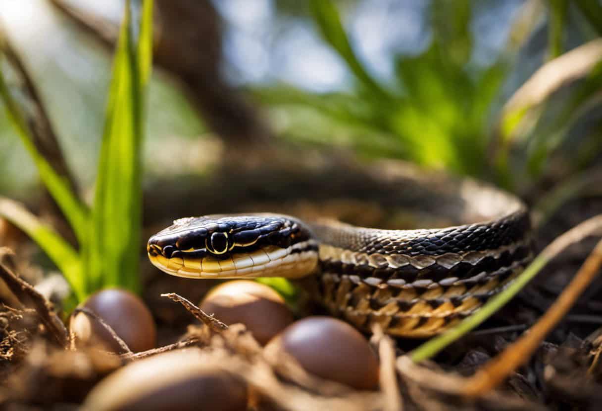 An image depicting a garter snake coiled around a clutch of eggs, dispelling the misconception that garter snakes give live birth