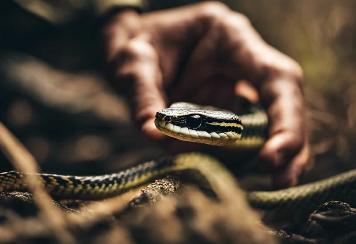 An image depicting a close-up of a professional wildlife removal expert carefully handling a garter snake, showcasing their expertise through their calm and precise movements