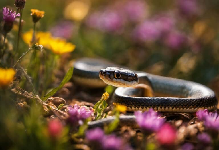 An image capturing the intricate process of garter snakes laying eggs, showcasing a female snake delicately coiled around her clutch of translucent eggs, basking in the warm sunlight amidst a vibrant bed of wildflowers