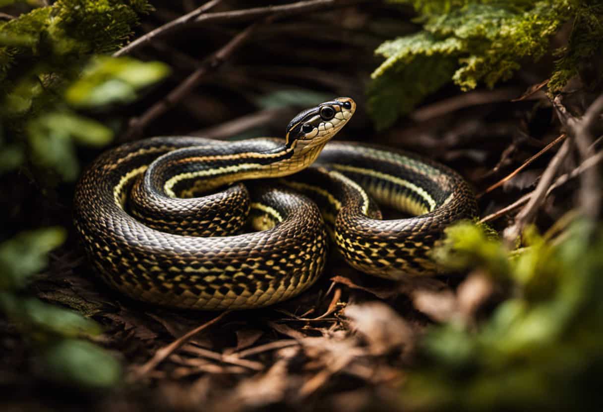 An image capturing the intricate beauty of a garter snake coiled around a clutch of delicate eggs, nestled amidst vibrant foliage