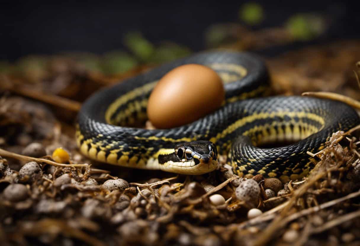 An image showcasing a female garter snake curled protectively around a clutch of eggs, contrasting with another female garter snake giving birth to live offspring, highlighting the intriguing reproductive methods of garter snakes