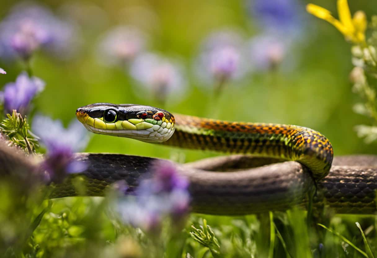 An image capturing the vibrant hues of a lush meadow, where a content garter snake gracefully coils amidst wildflowers
