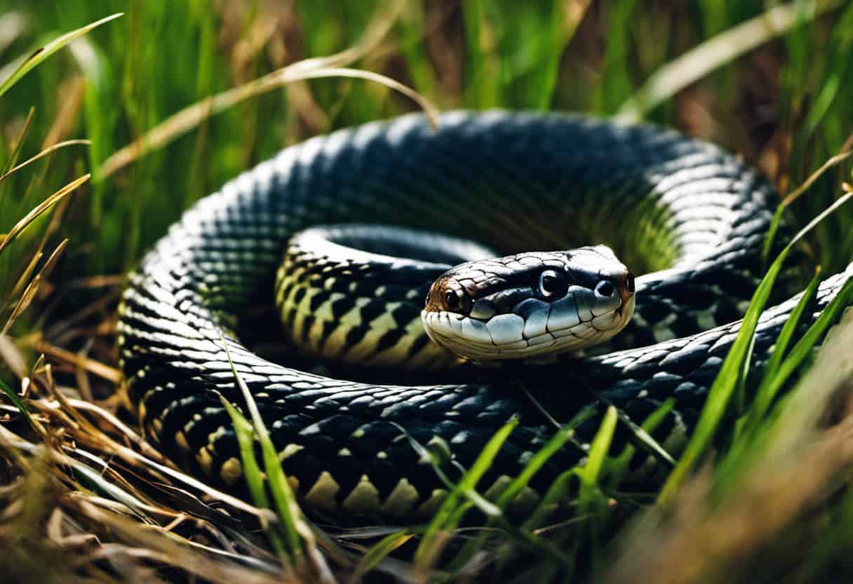 An image showcasing a vibrant grass snake coiled around a patch of tall grass, with a small mouse hiding nearby