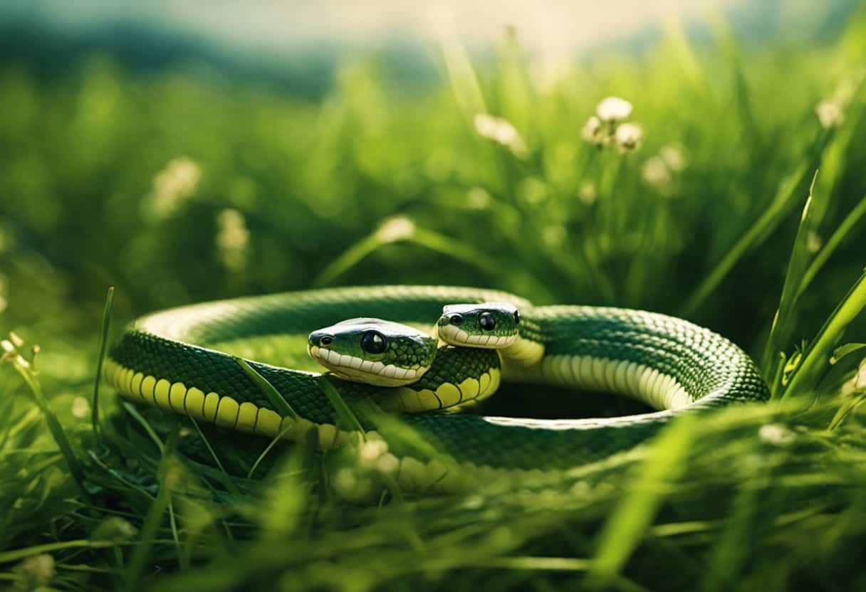 An image that portrays a lush green meadow with a slithering grass snake delicately coiling around a small, unsuspecting mouse, illustrating the crucial role of comprehending grass snakes' feeding behaviors in their ecological balance