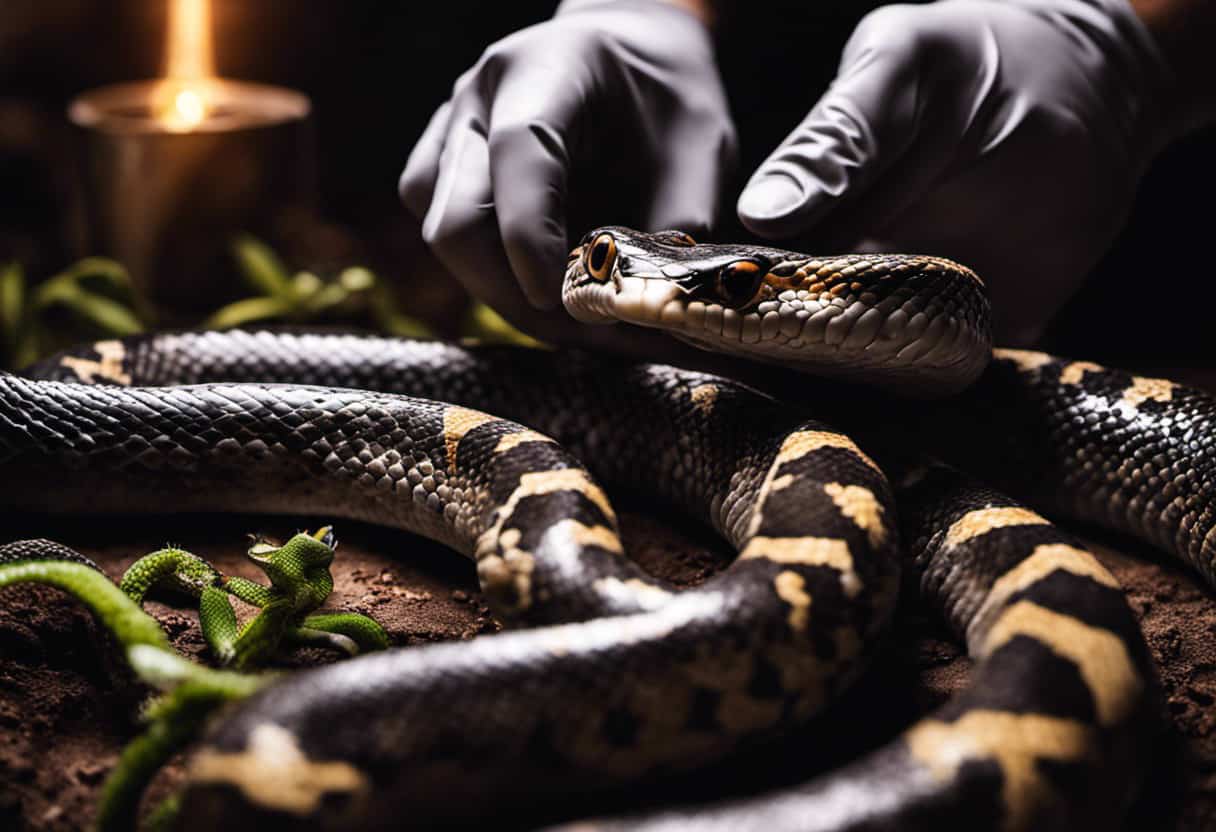 An image of a person wearing thick gloves, gently handling a king snake