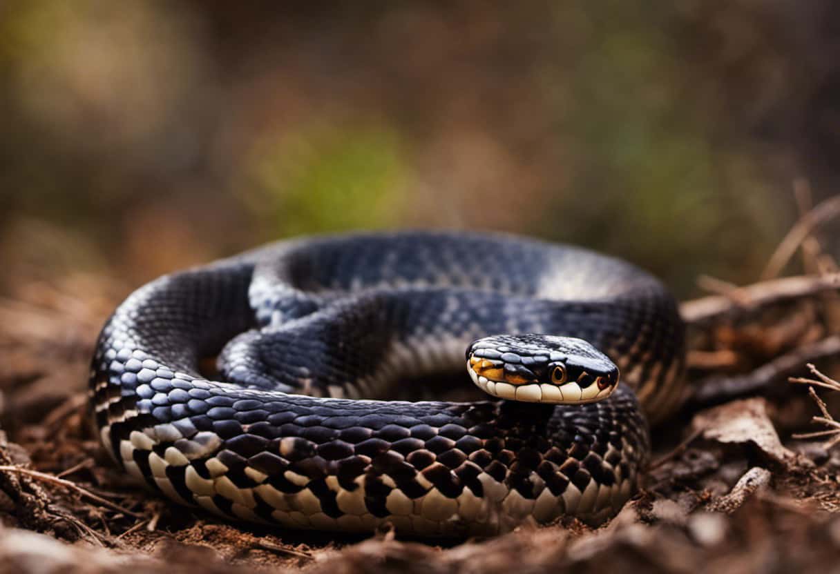 An image capturing the intense gaze of a coiled king snake, its iridescent scales reflecting a hint of danger