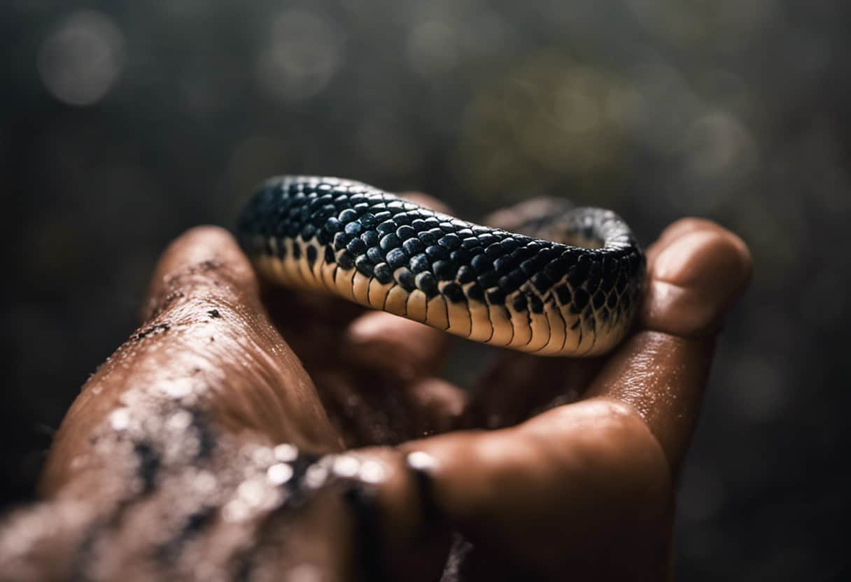 An image of a hand with clear bite marks from a king snake, showcasing the immediate reaction of washing the wound with warm soapy water, applying antiseptic, and seeking medical attention