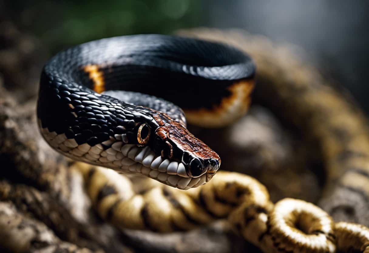 An image that captures the intensity of a King Snake's bite, showcasing the snake's coiled body, fangs glistening with venom, and a human hand recoiling in pain, emphasizing the potential risks and dangers