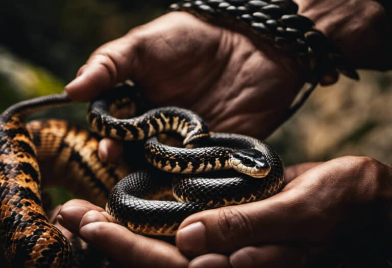An image that captures the essence of a person's hand, gently cradling a magnificent king snake with vibrant scales, showcasing the unique bond between humans and these majestic creatures