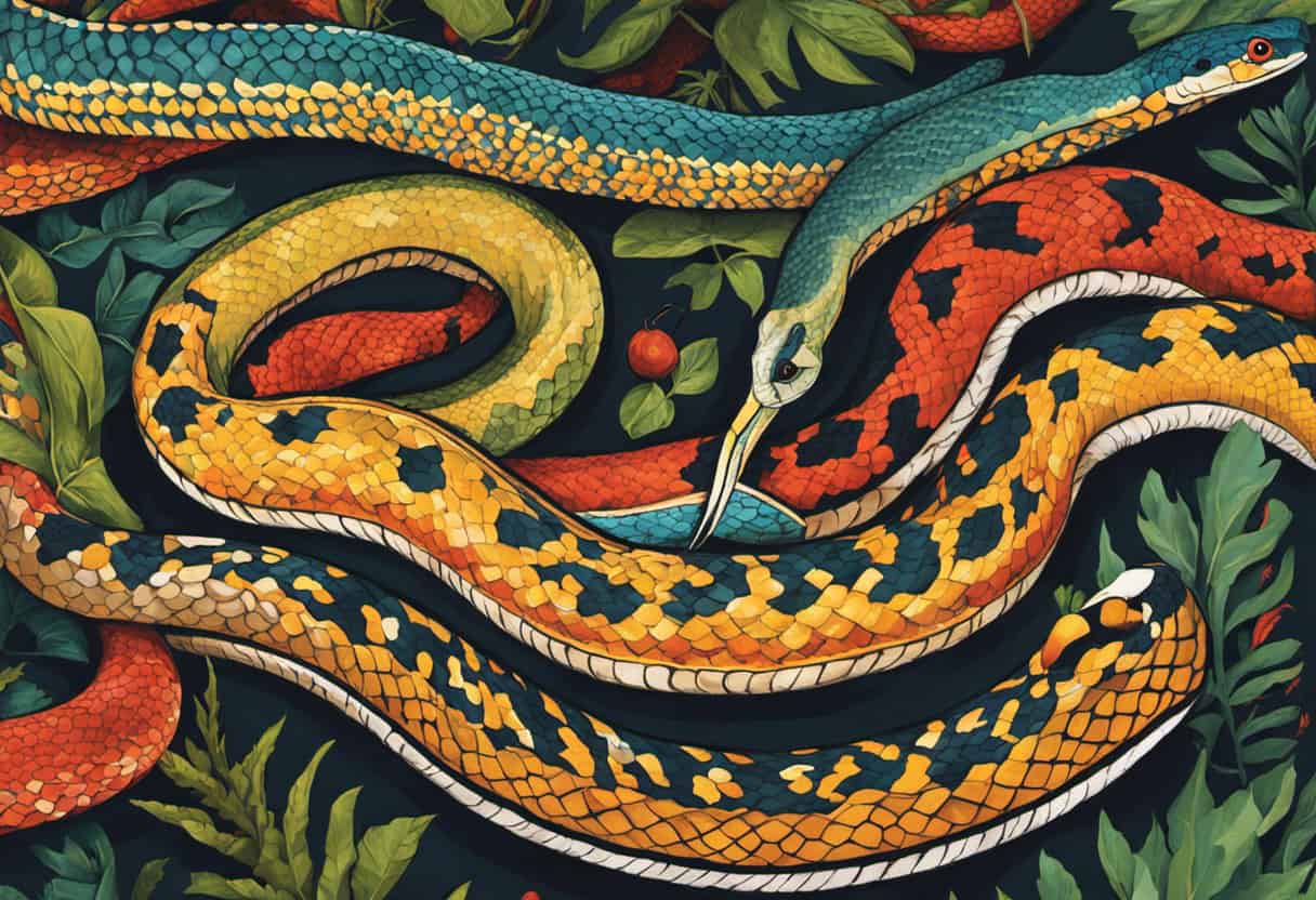 An image showcasing a colorful and engaging poster filled with bold illustrations of various snake species, highlighting the distinctive patterns of a non-aggressive King Snake