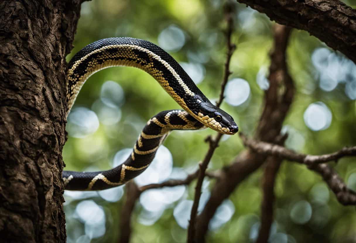  an enchanting moment in nature: an agile King Snake gracefully ascending a towering tree, its powerful coils effortlessly navigating the branches, showcasing the remarkable tree climbing abilities of these mesmerizing serpents