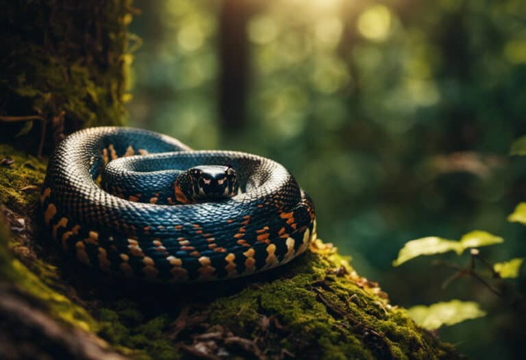An image depicting a vibrant forest scene, with a majestic King Snake gracefully slithering up a tall oak tree, showcasing its unique climbing abilities among the lush foliage and branches