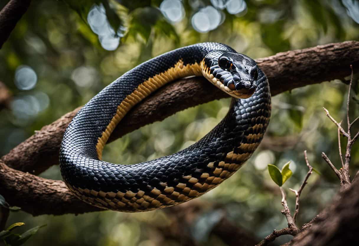 An image capturing the awe-inspiring moment of a vibrant King Snake gracefully coiling around the branches of a towering tree, showcasing their remarkable ability to conquer vertical landscapes with their agile and sinuous movements