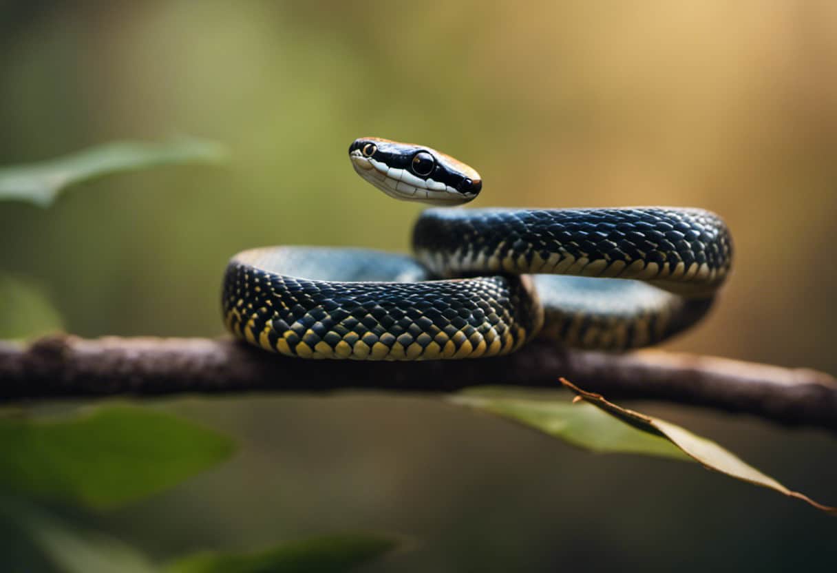 An image capturing the intricate dance of a baby kingsnake, showcasing its vibrant scales and slender body as it playfully coils around a leafy branch, with its tiny tail poised in a captivating rattle-like position