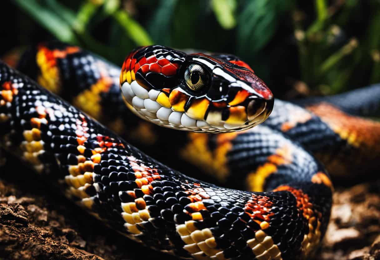 An image capturing the thrilling moment when a majestic King Snake, adorned in vibrant scales, coils its body, poised for action, while curious onlookers observe, in the diverse and captivating realm of ZooMontana