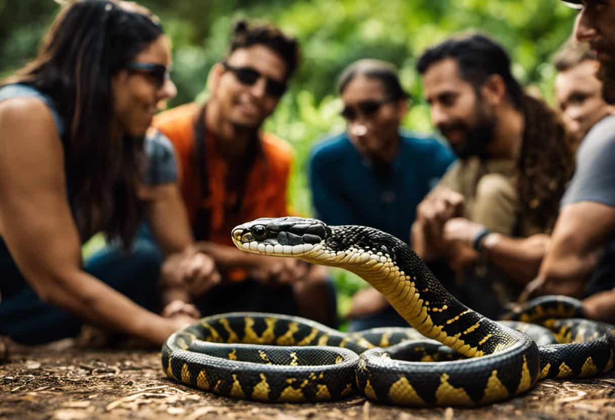 An image showcasing a diverse group of snake enthusiasts engaged in a lively conversation, exchanging knowledge and experiences about king snakes
