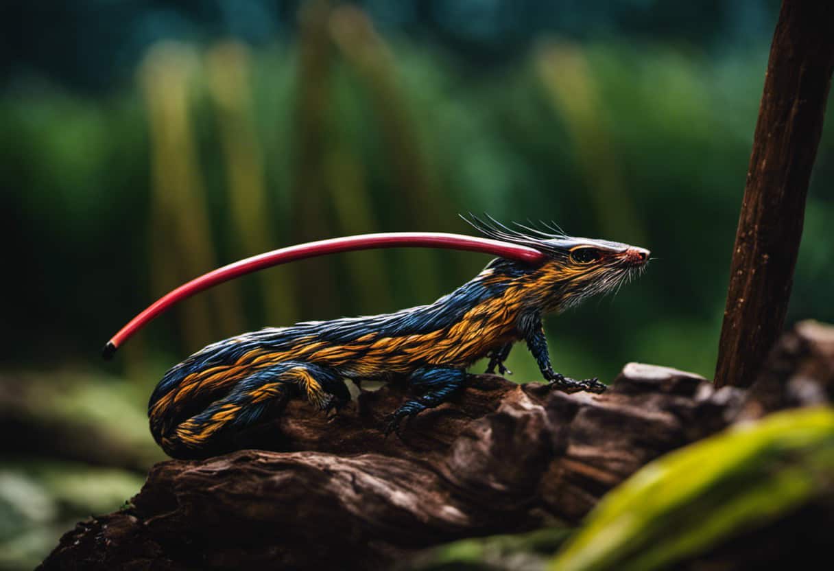 An image showcasing the vibrant colors and intricate patterns of a Vietnamese Walkingstick, coiled defensively, while a fierce Wolverine prowls nearby