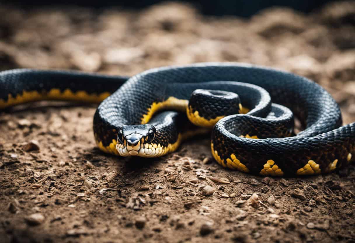 An image capturing the intricate behavior of a King Snake, showcasing its unique adaptation as it coils its body, ready to strike, with its tail elevated, showcasing its lack of a rattle