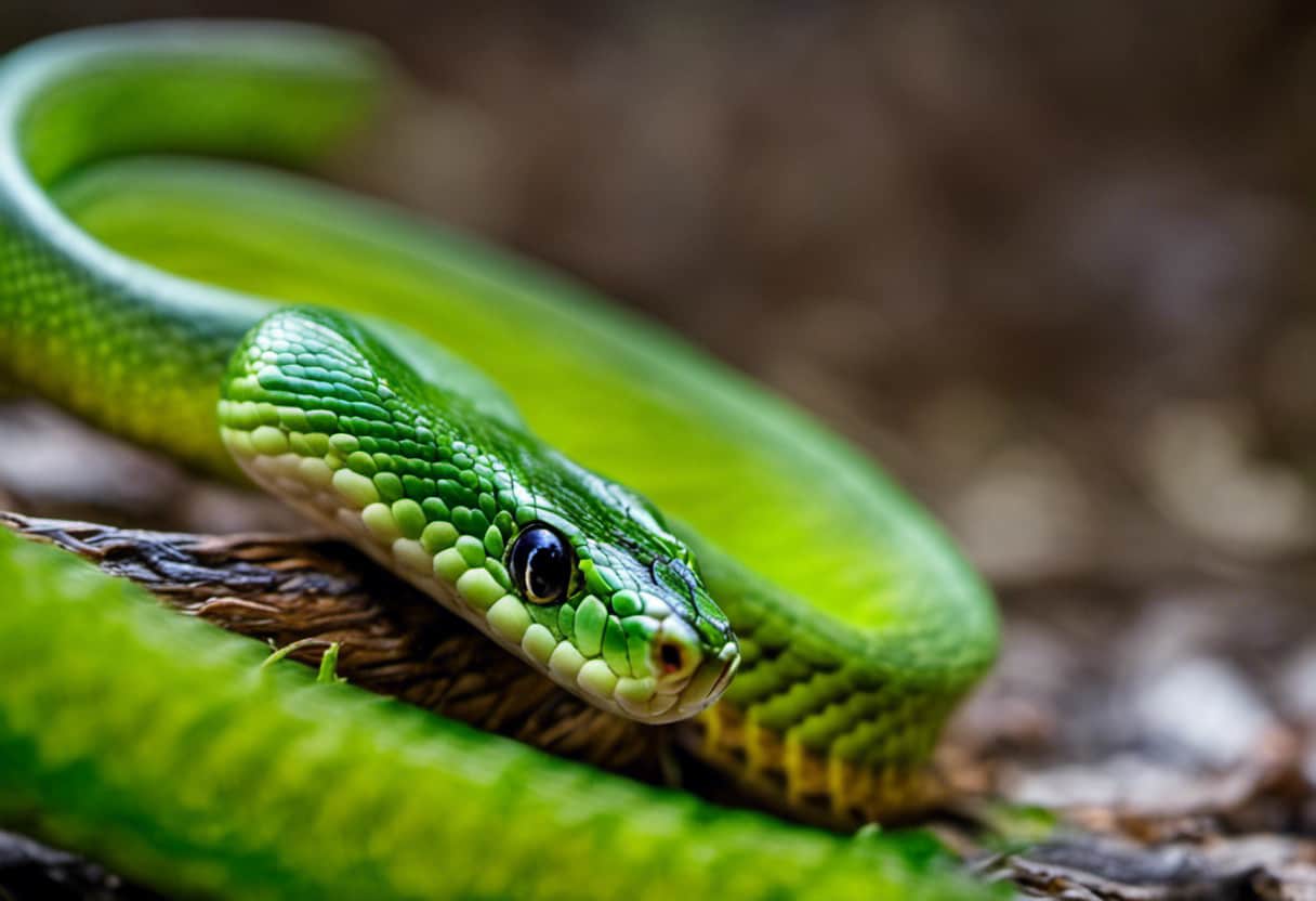  a breathtaking moment in nature's pantry: an inquisitive baby rat snake, slender body coiled, poised to strike at a juicy cricket, its vibrant green body contrasting against the snake's sleek scales