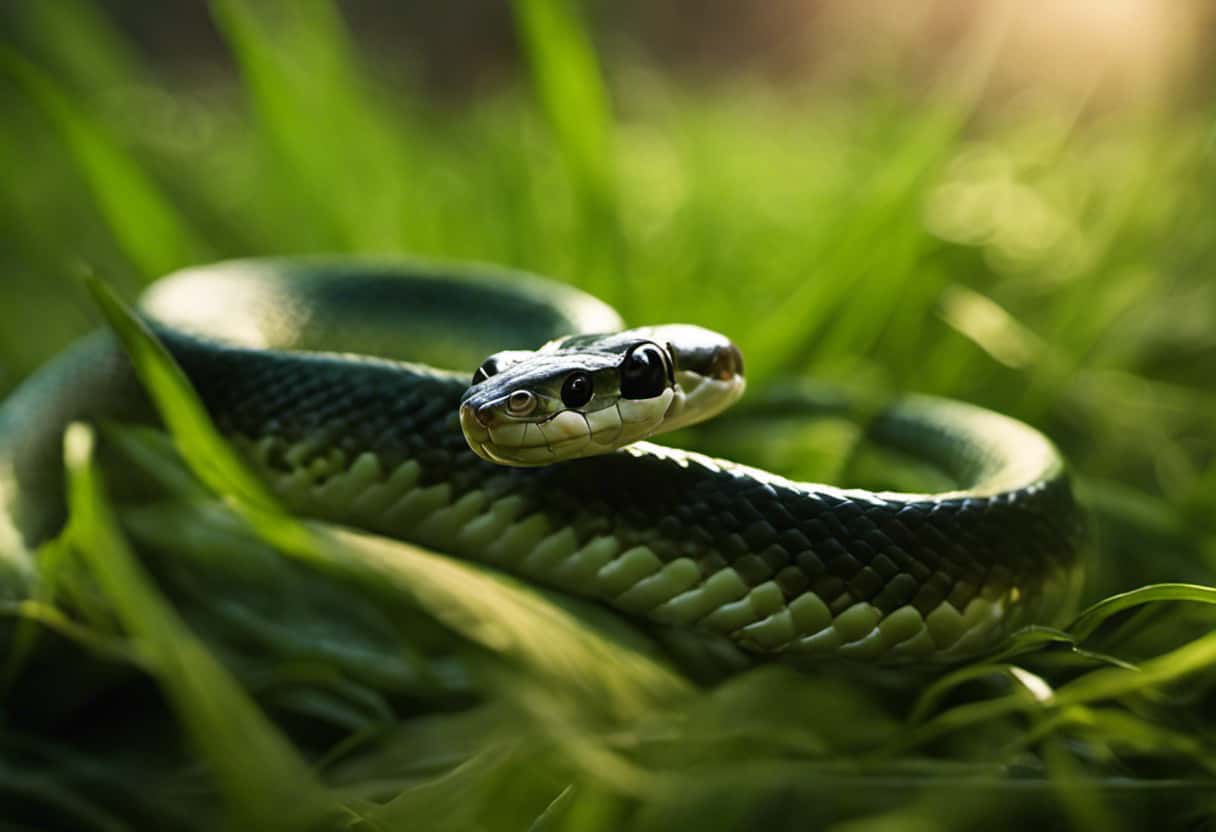 An image capturing the enchanting backyard scene of baby rat snakes stealthily slithering amidst lush green grass, their slender bodies coiled in anticipation, as they stalk and pounce on unsuspecting crickets