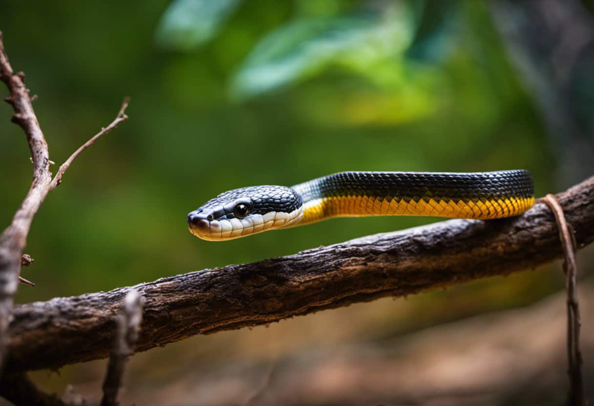 An image showcasing a vibrant rat snake coiled around a branch, with a vivid backdrop of various sized crickets