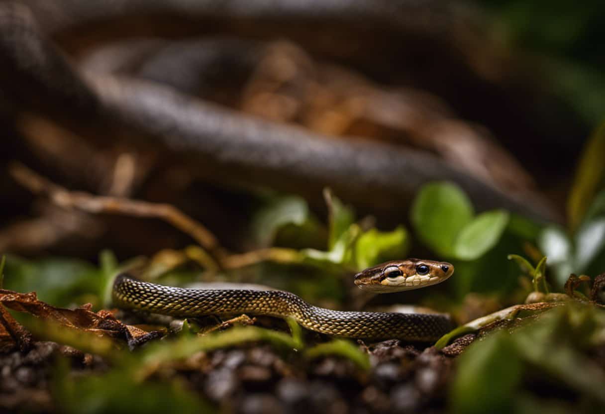 An image showcasing a vibrant, high-resolution photograph of a tiny, juvenile rat snake poised near a pile of crickets, highlighting the myth-busting notion that baby rat snakes can indeed consume crickets