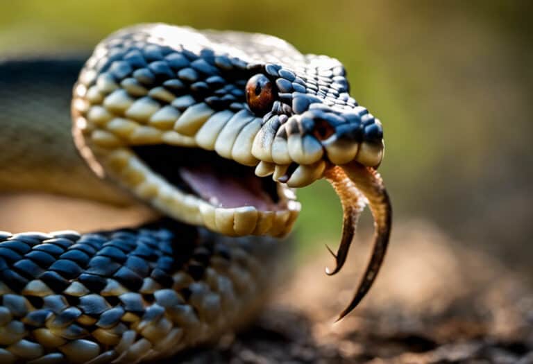 An image capturing the close-up view of a rat snake's mouth, showcasing its sharp, curved teeth glistening menacingly in the light, while the snake's scales and forked tongue add to its eerie allure