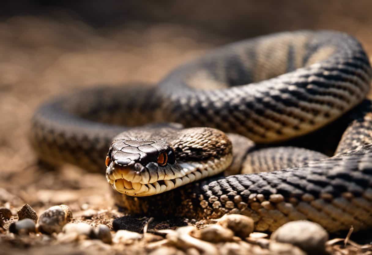 An image showcasing a rattlesnake devouring a fellow snake, capturing the intricate details of their intertwined bodies, while emphasizing the significance of this behavior on rattlesnake diet diversity